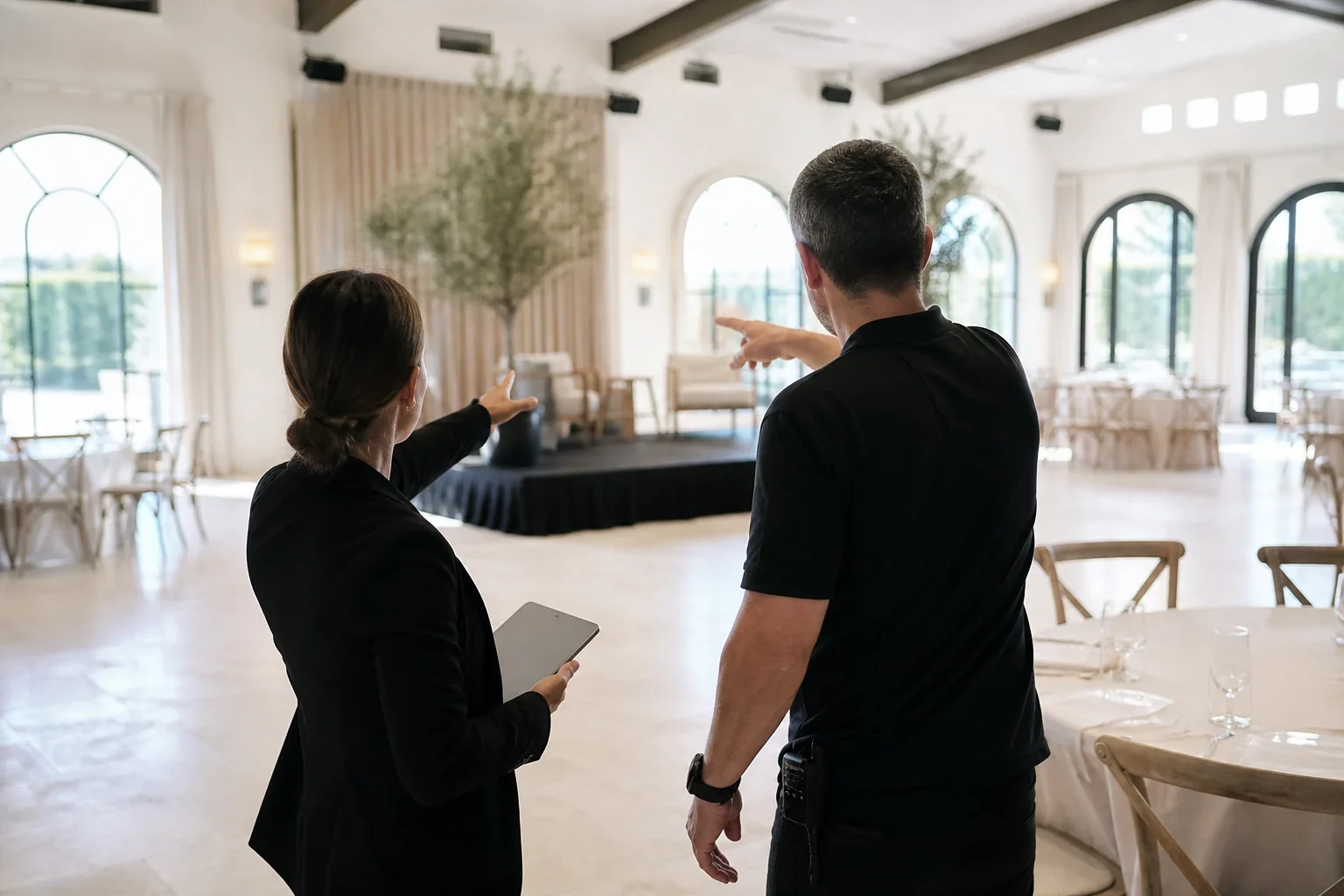 Dos profesionales revisando la viabilidad y distribución de un espacio para eventos.