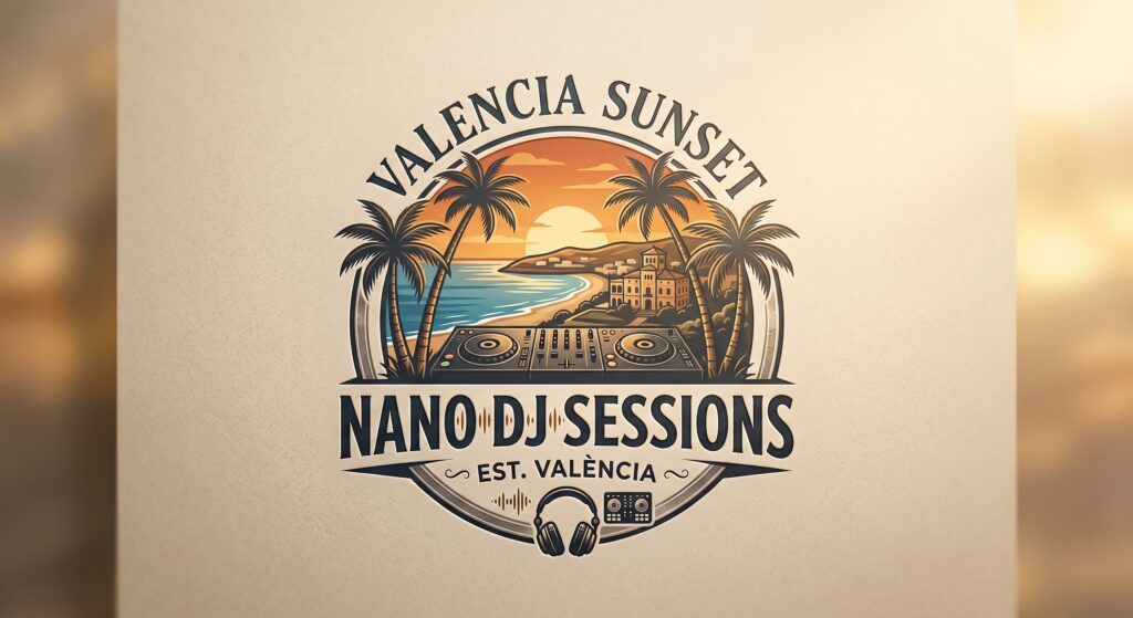 Logotipo de Valencia Sunset Nano DJ Sessions con estética mediterránea y elementos de DJ.